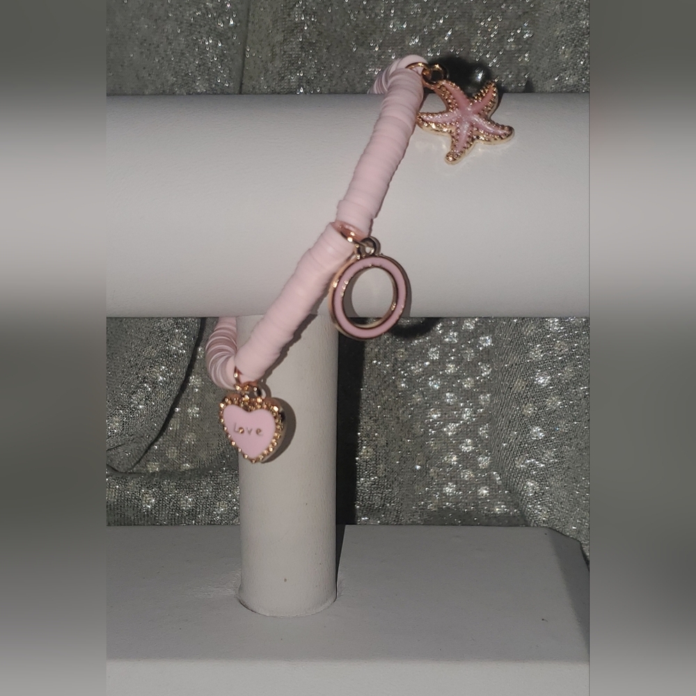 Pink Clay Bead Charm Bracelet